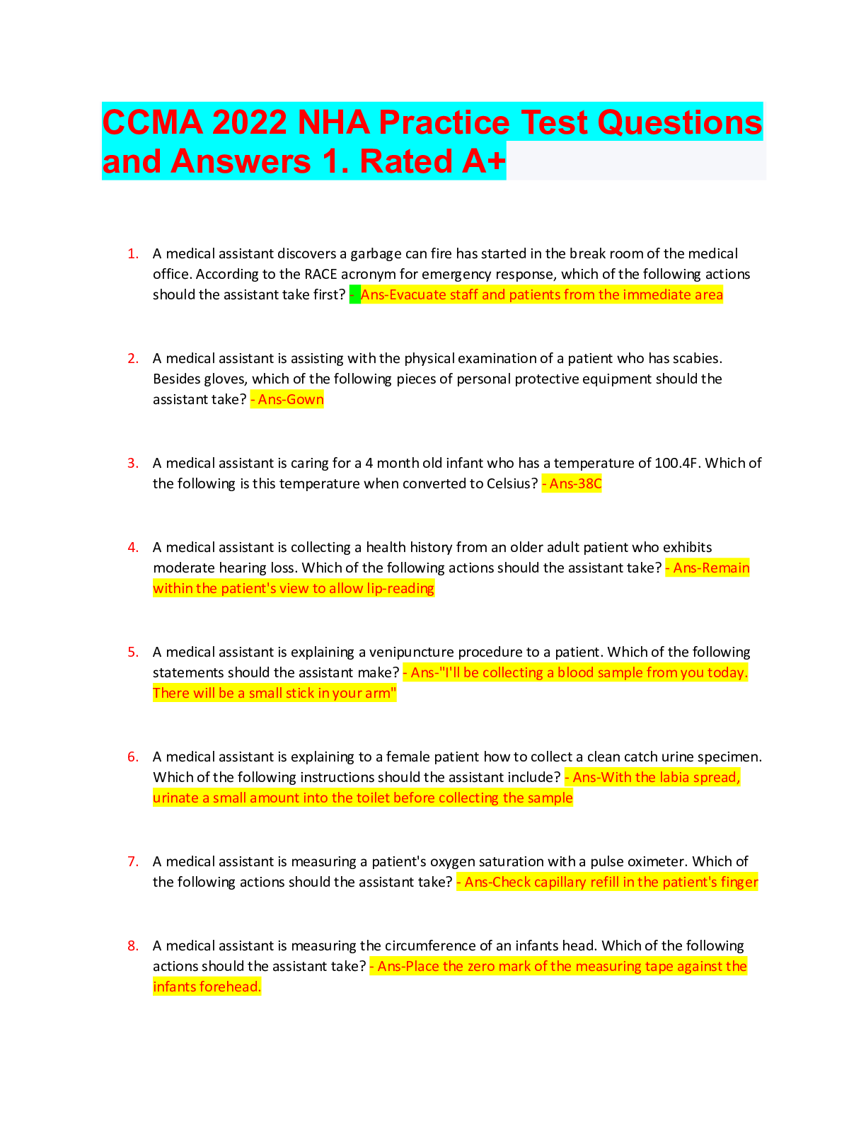 Preview of CCMA 2022 NHA Practice Test Questions and Answers Rated A+